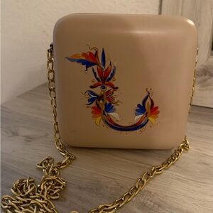 Elegant Beige ARMENIAN MO WOOD Designer Crossbody Bag with Gold Chain